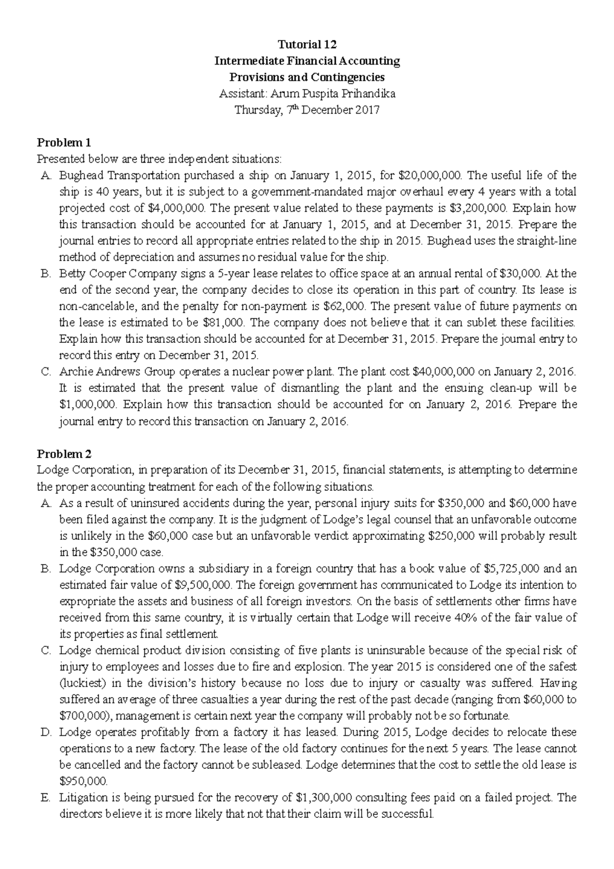 [FINA 201] Tutorial 12: Provisions, Contingencies & Journal Entries ...