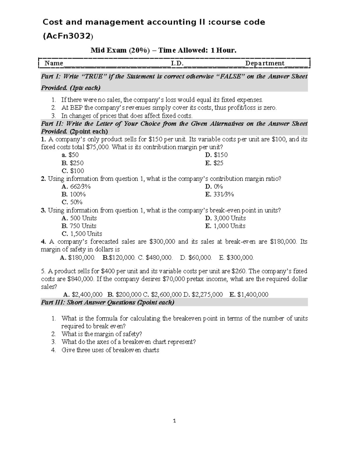 Cost II (AcFn3032) Mid Exam Study Guide - Key Concepts & Questions ...