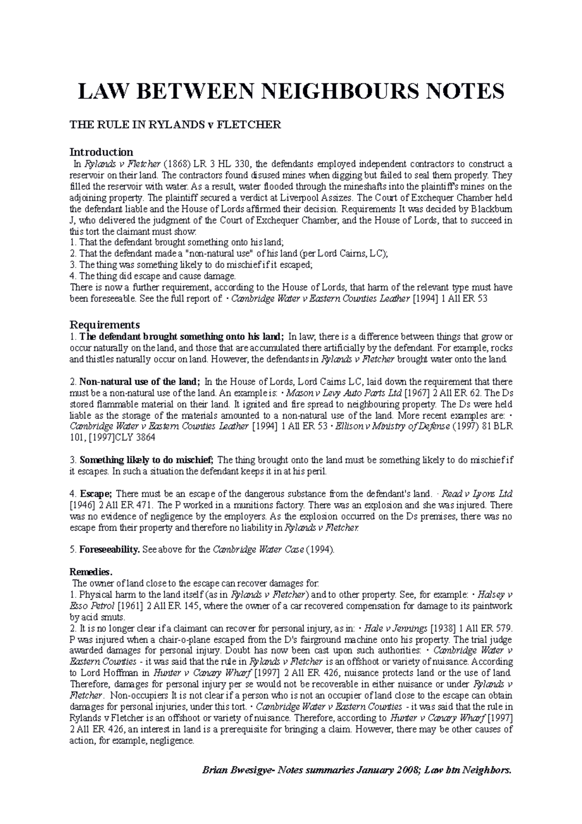 LAW 101: Between Neighbours - Key Notes on Rylands v Fletcher - Studocu