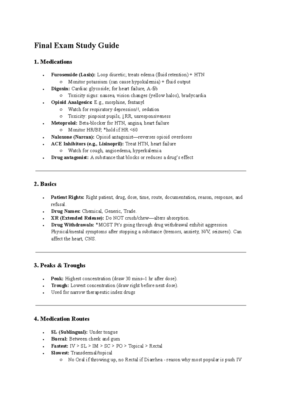 Final Exam Study Guide for Nursing 101: Key Meds & Concepts - Studocu