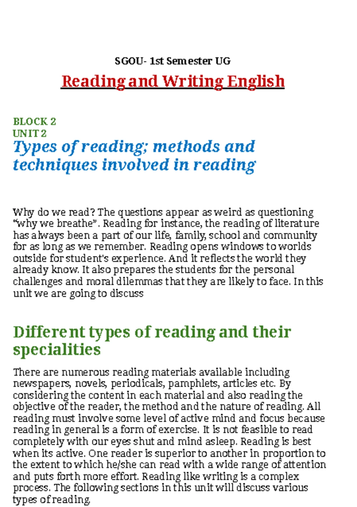 SGOU-1 Semester UG: Reading Comprehension Strategies and Skills - Studocu