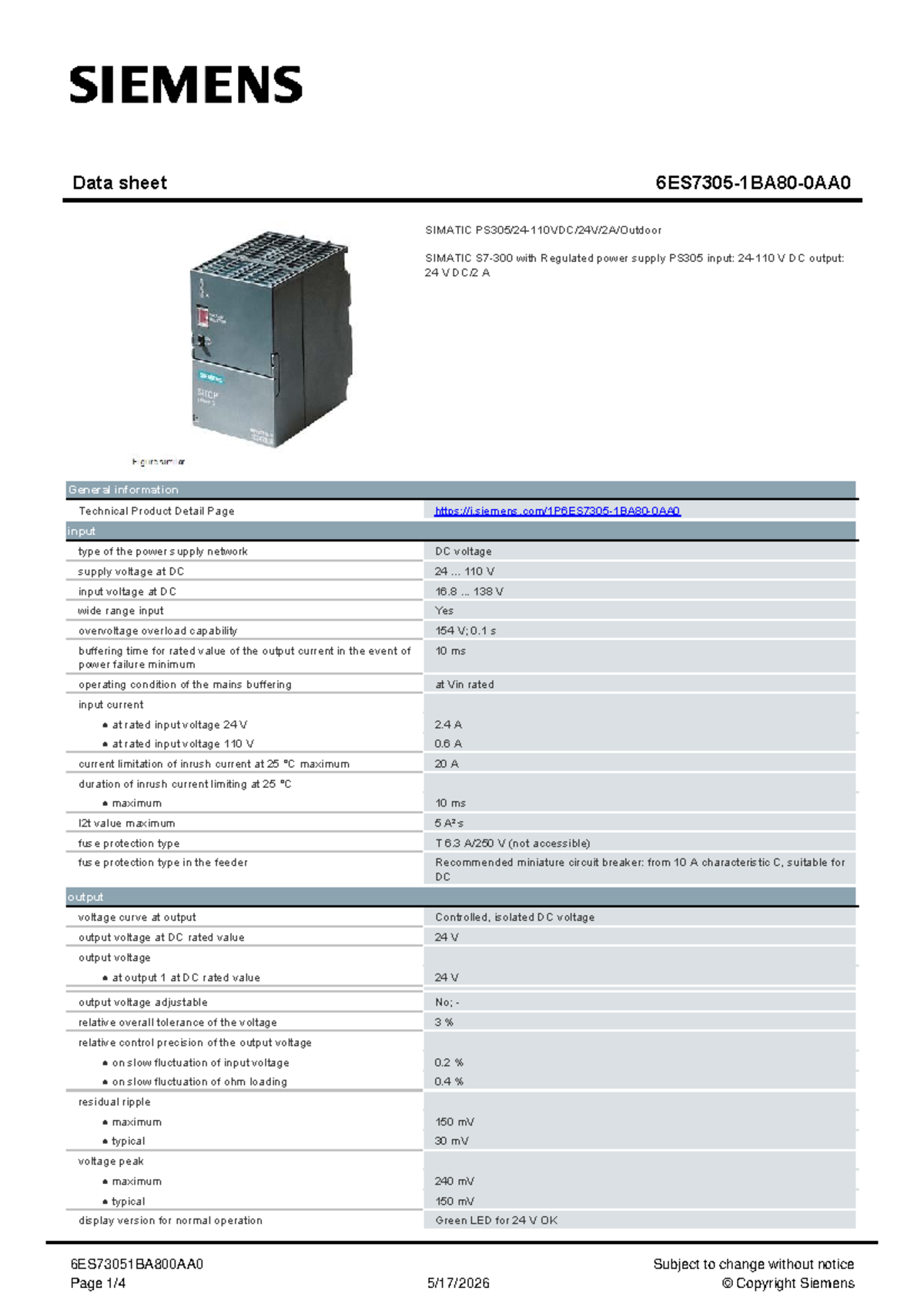 Datasheet for SIMATIC PS305 Regulated Power Supply 6ES73051BA800AA0 ...