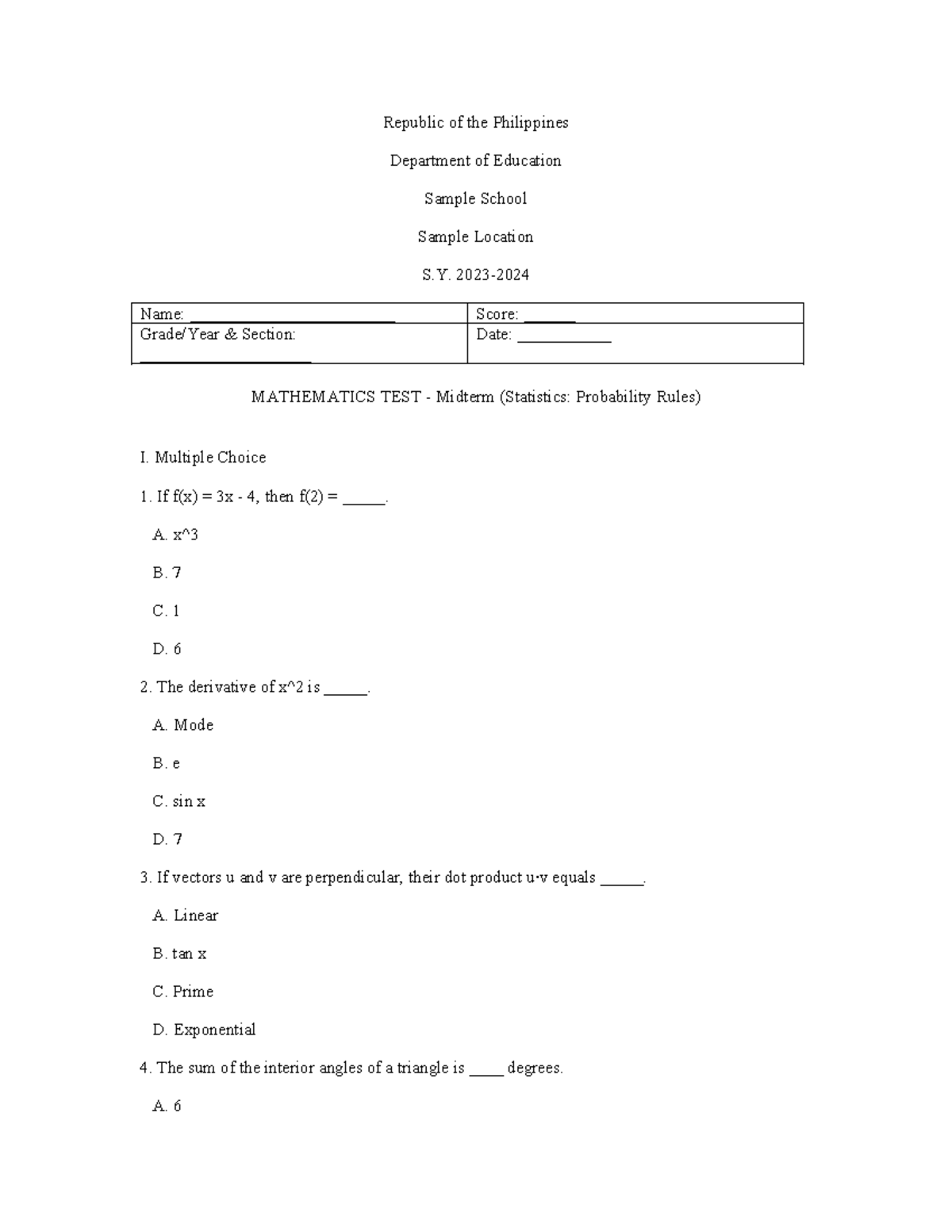 MATH 182 Midterm Exam: Statistics & Probability Rules Fall 2023 - Studocu