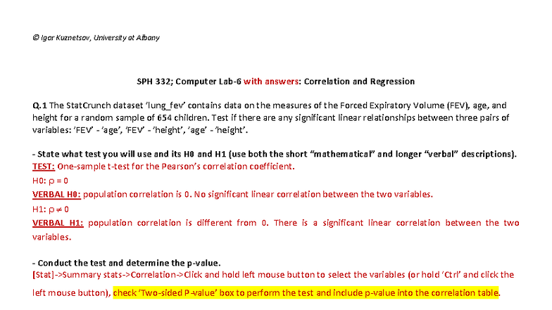 Lab 6: Correlation & Regression Analysis (SPH) with Answers - Studocu