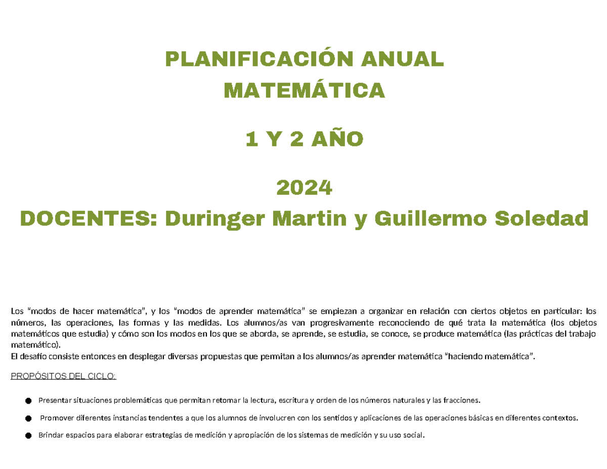 Planificación Final Matemática 1er y 2do Año 2024 - Studocu