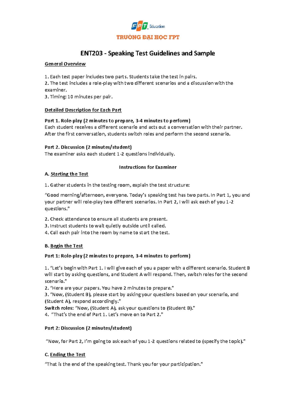 ENT203 Speaking Test Guidelines: Structure & Scenarios Overview - Studocu