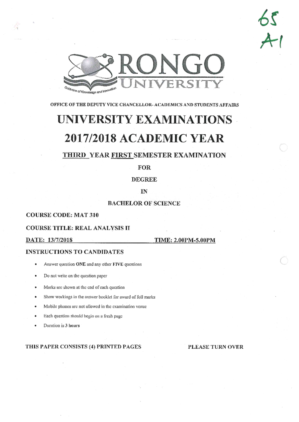 MAT 310 FINAL EXAMINATION NOTES FOR REAL ANALYSIS II - Studocu