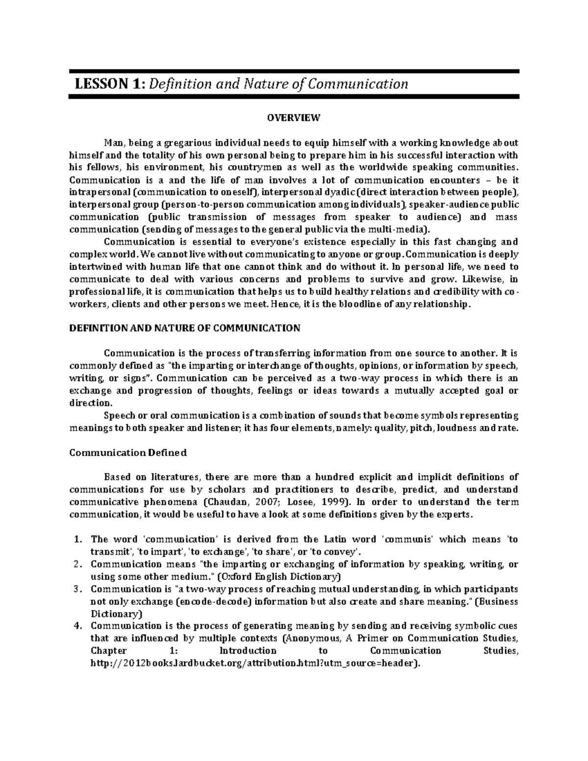 Lesson 1 Definition and Nature of Communication - LESSON 1: Definition ...
