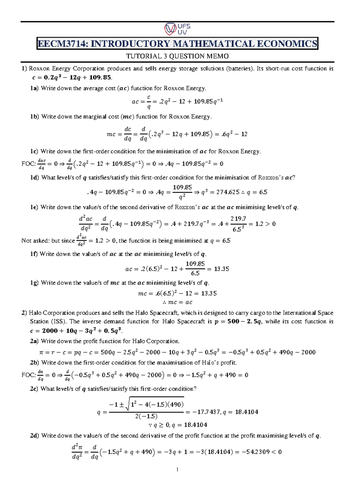 EECM3714 Tutorial 3 Reference Memo on Mathematical Economics Concepts ...