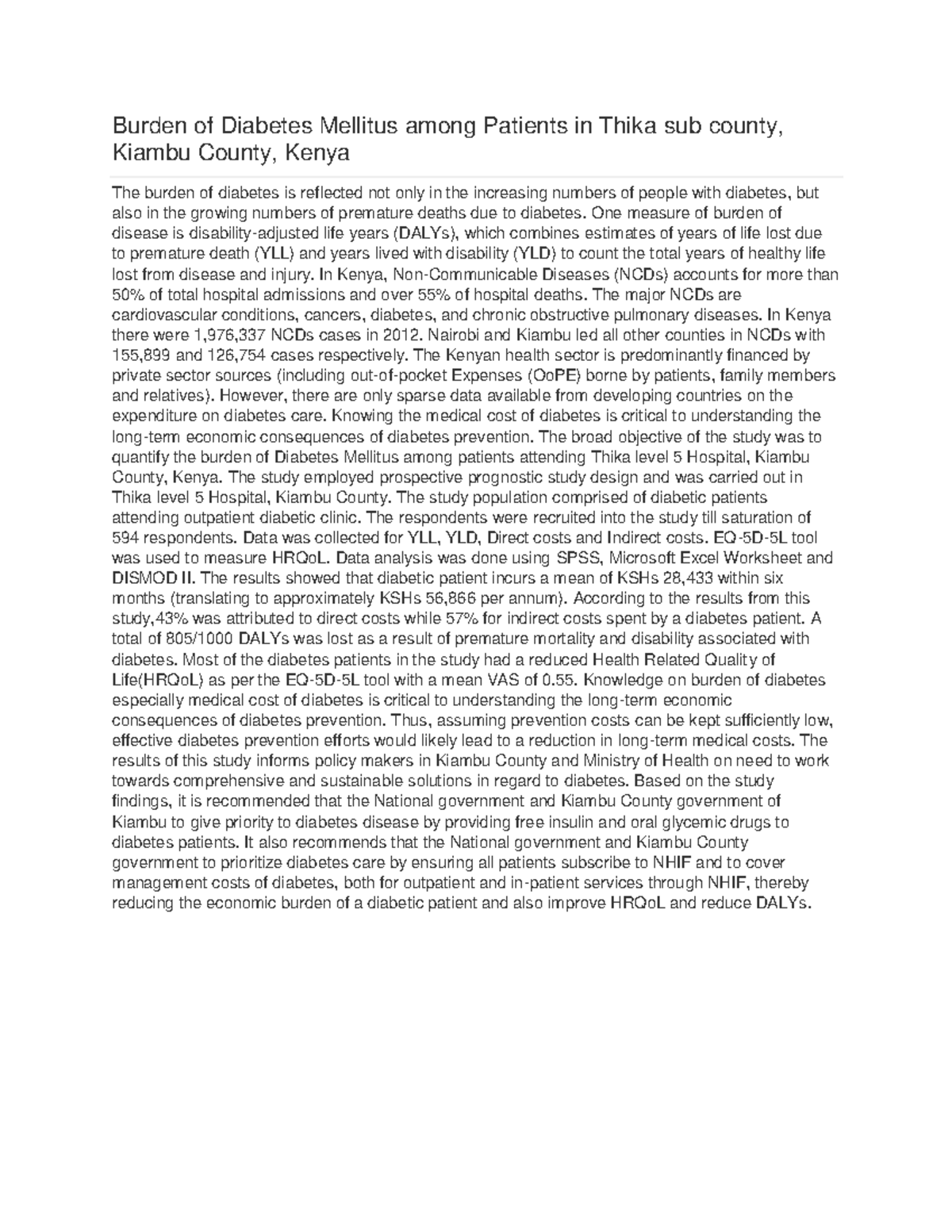 Burden of Diabetes Mellitus among Patients in Thika sub county 12 - One ...