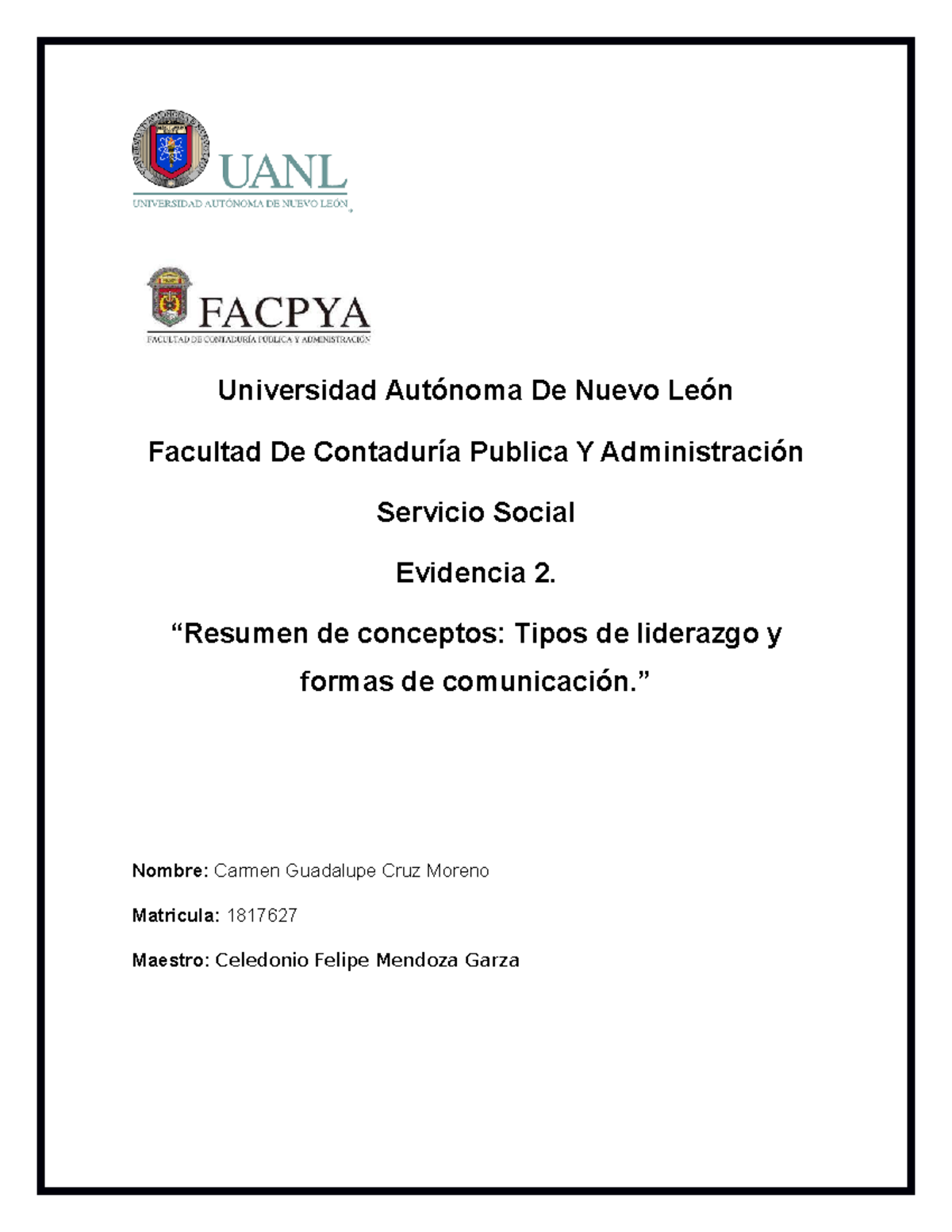 Evidencia 2 Servicio Social - Universidad Autónoma De Nuevo León ...