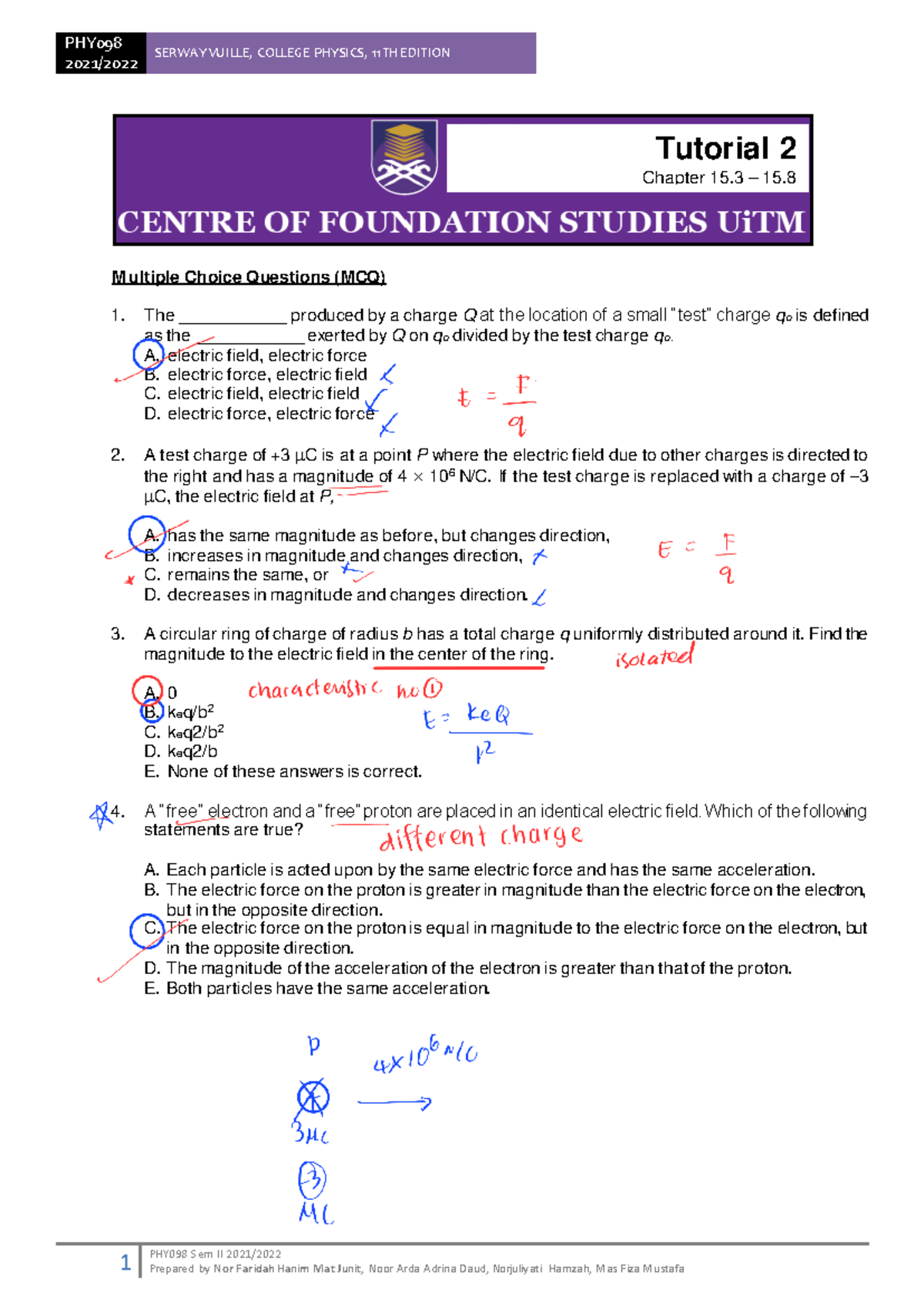PHY098 Sem II 2021/ Tutorial 2: Multiple Choice & Structured Questions ...