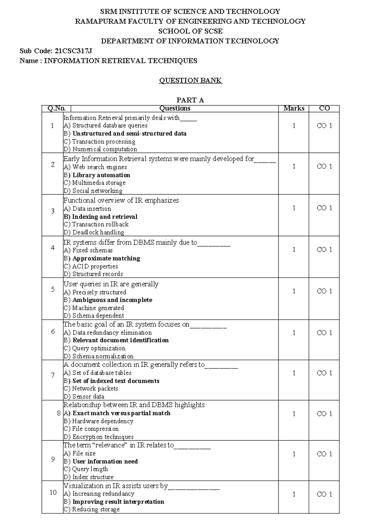 Question Bank for Information Retrieval Techniques (21CSC317J) - Studocu