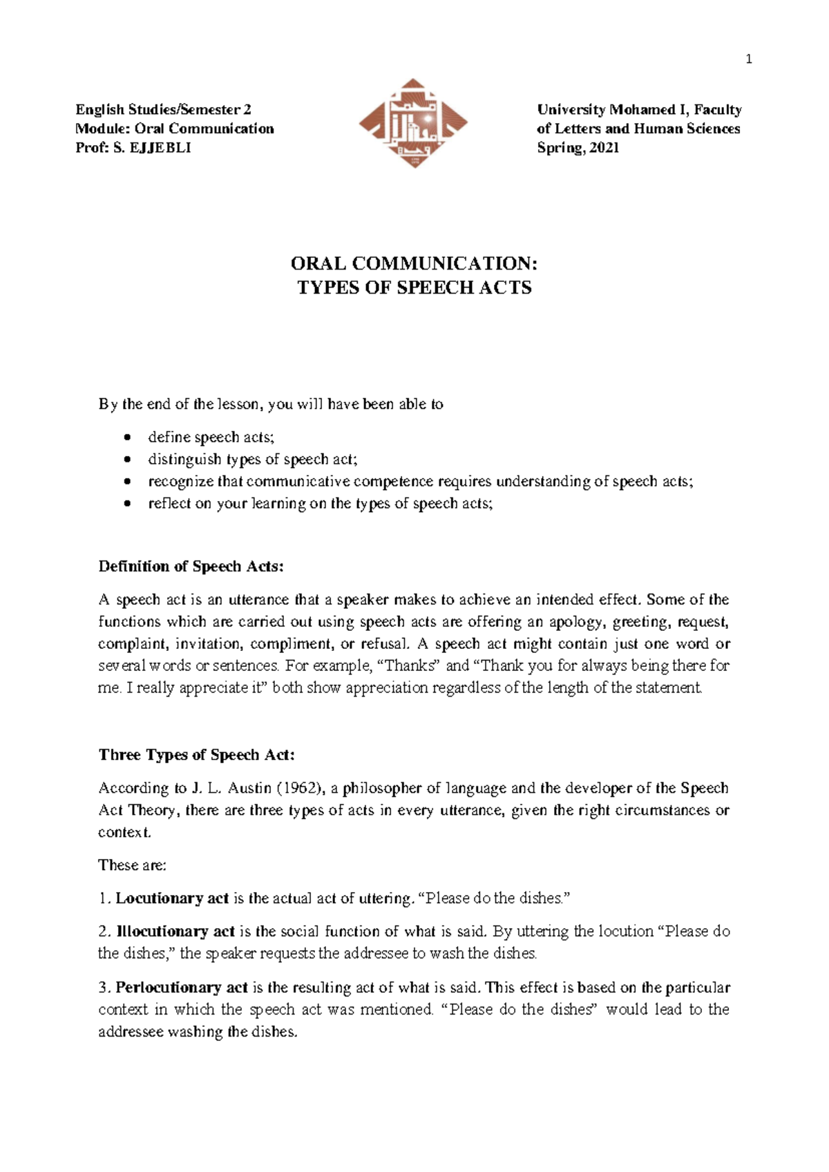 Oral communication- Types OF Speech ACTS - 1 English Studies/Semester 2 ...