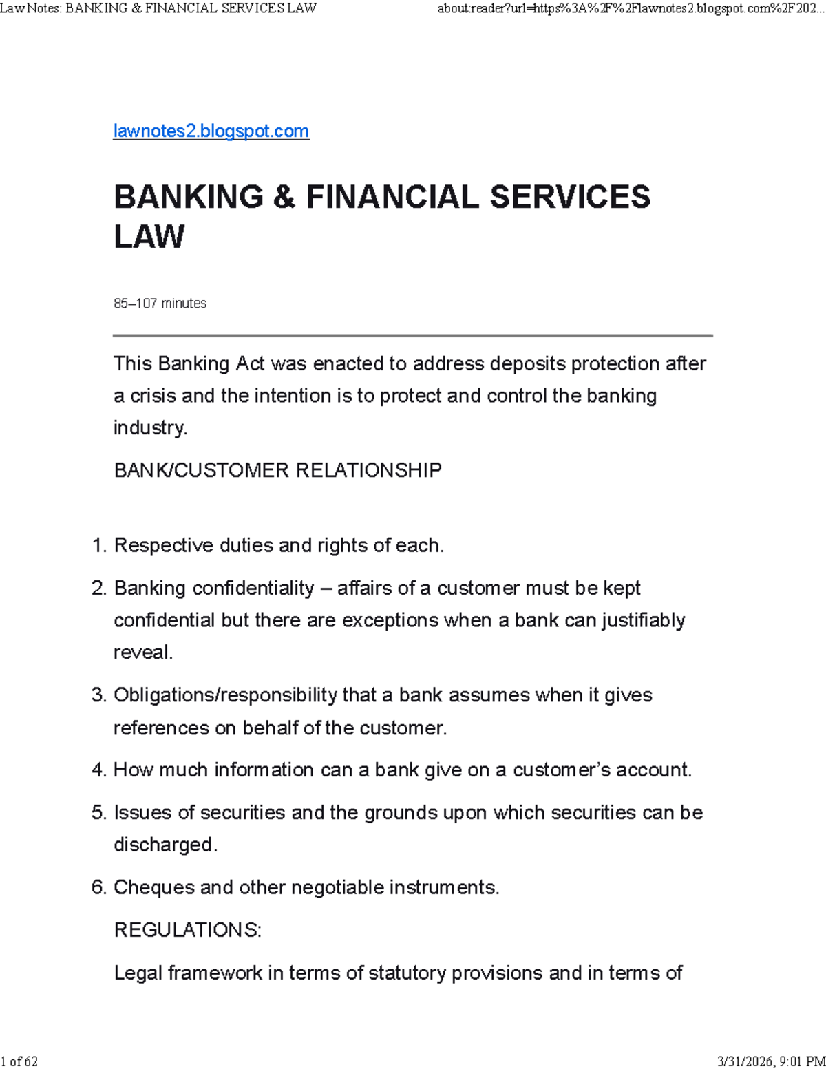 Law Notes: Banking & Financial Services Law Overview - Studocu
