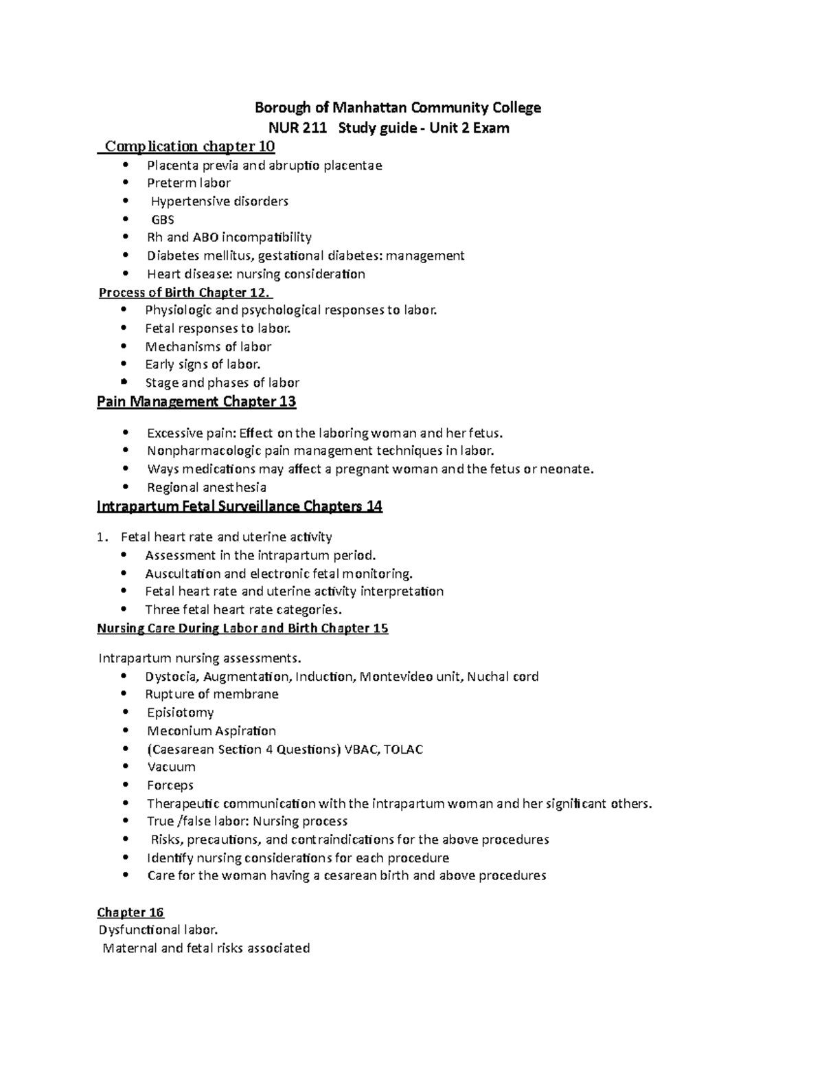 NUR 211 Study Guide for Unit 2 Exam: Complications & Labor Management ...