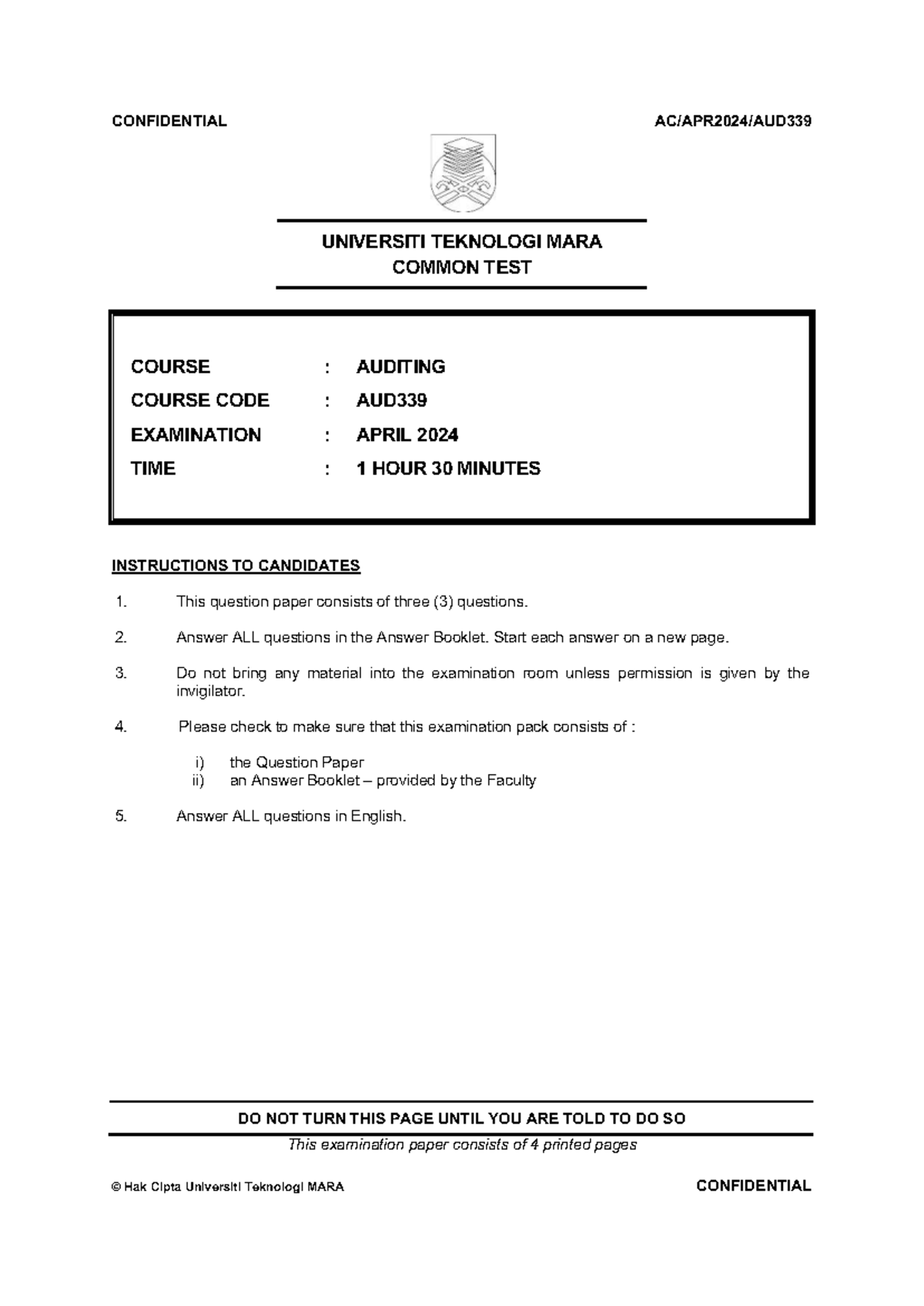 Ctaud 339 April 2024 Common Test - Auditing Examination Paper - Studocu
