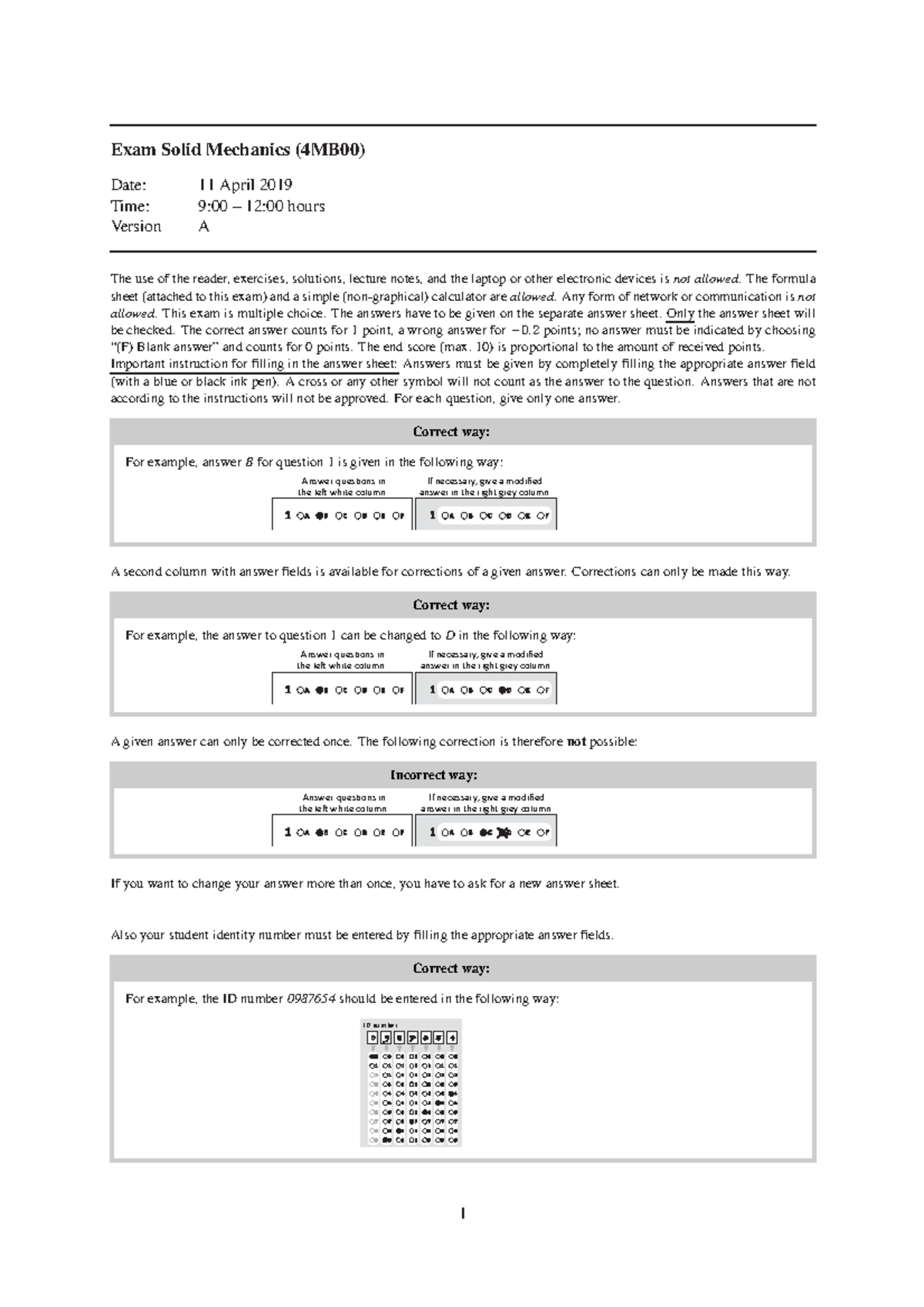 Solid Mechanics Exam Revision - 4MB00 April 2019 Version A - Studeersnel