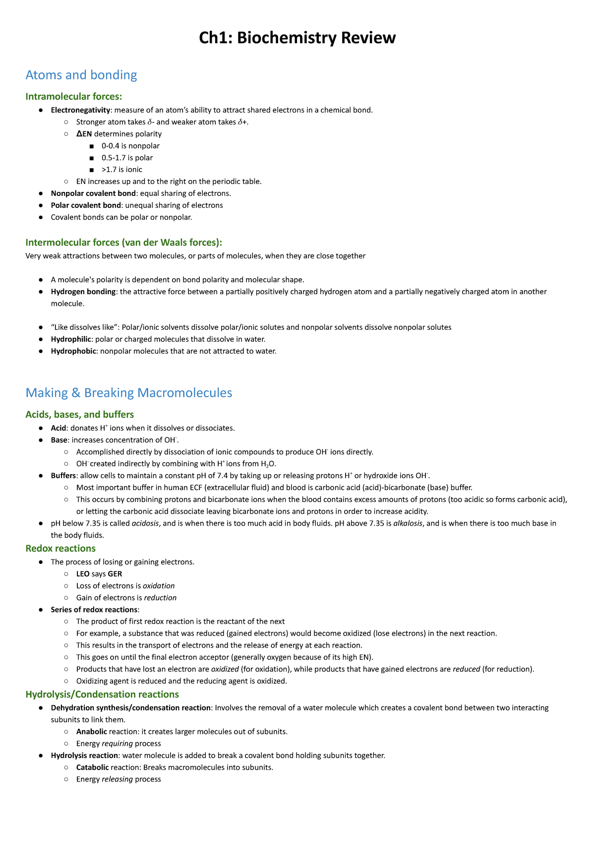 AP Bio Ch1: Comprehensive Biochemistry Review Notes - Studocu