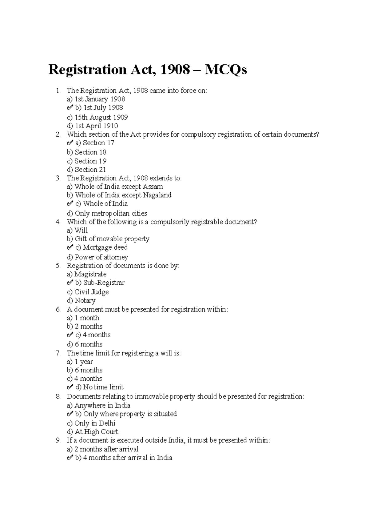 Registration Act, 1908 MCQs for Exam Preparation - Studocu