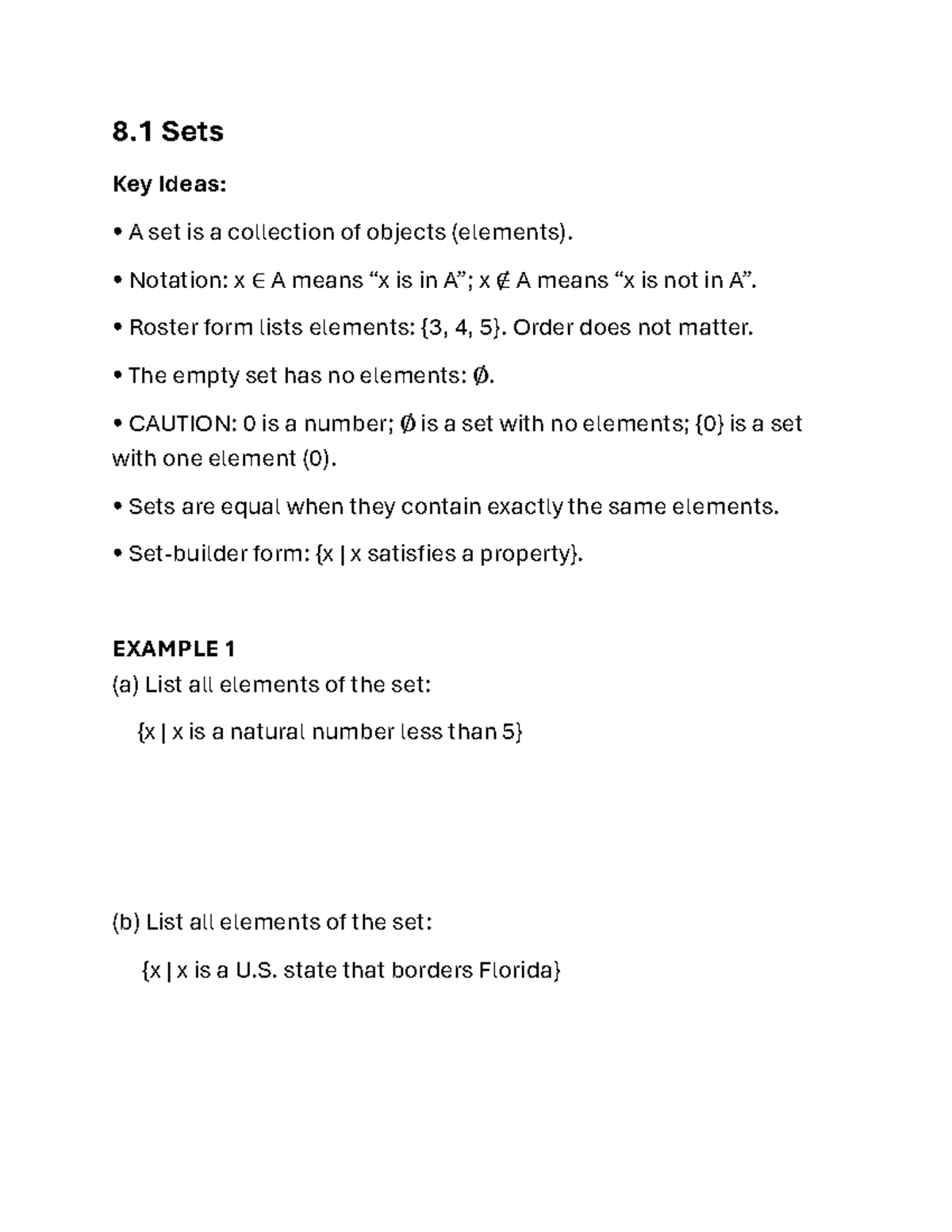 8.1 Sets Key Concepts and Examples - MATH - Studocu