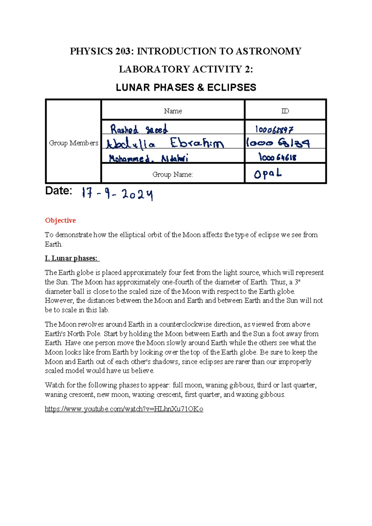 PHYSICS 203: Lab Activity 2 - Lunar Phases &amp; Eclipses Explained - Studocu