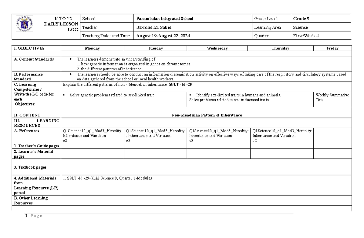 Science 9 Quarter 4 Week 1 Sample DLL - K TO 12 DAILY LESSON LOG School ...