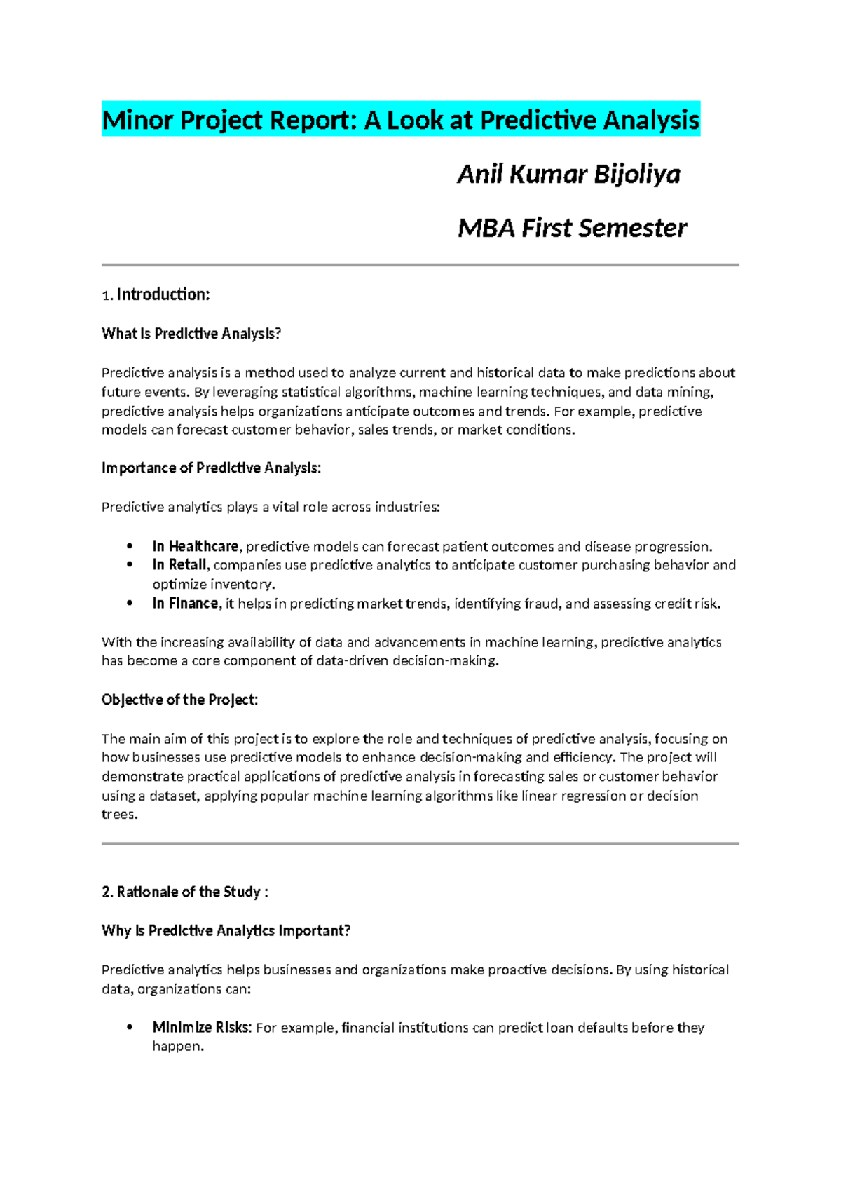 MBA101: Minor Project Report on Predictive Analysis Techniques - Studocu