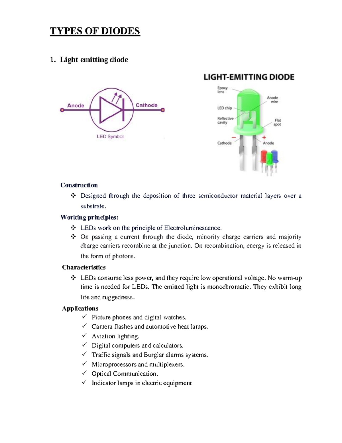Diodes Types 1: LED, Photodiode, Zener, Schottky Overview - Studocu