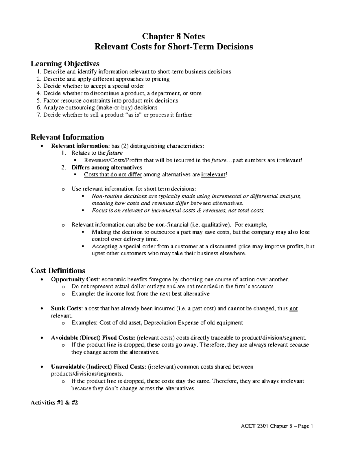 ACCT 2301 Chapter 8 - Relevant Costs for Short-Term Decision Making ...