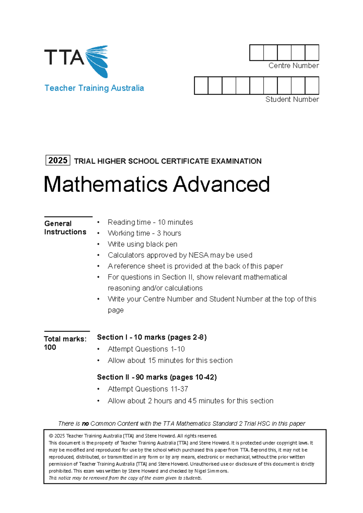 2025 TTA Mathematics Advanced Trial HSC Exam - Studocu