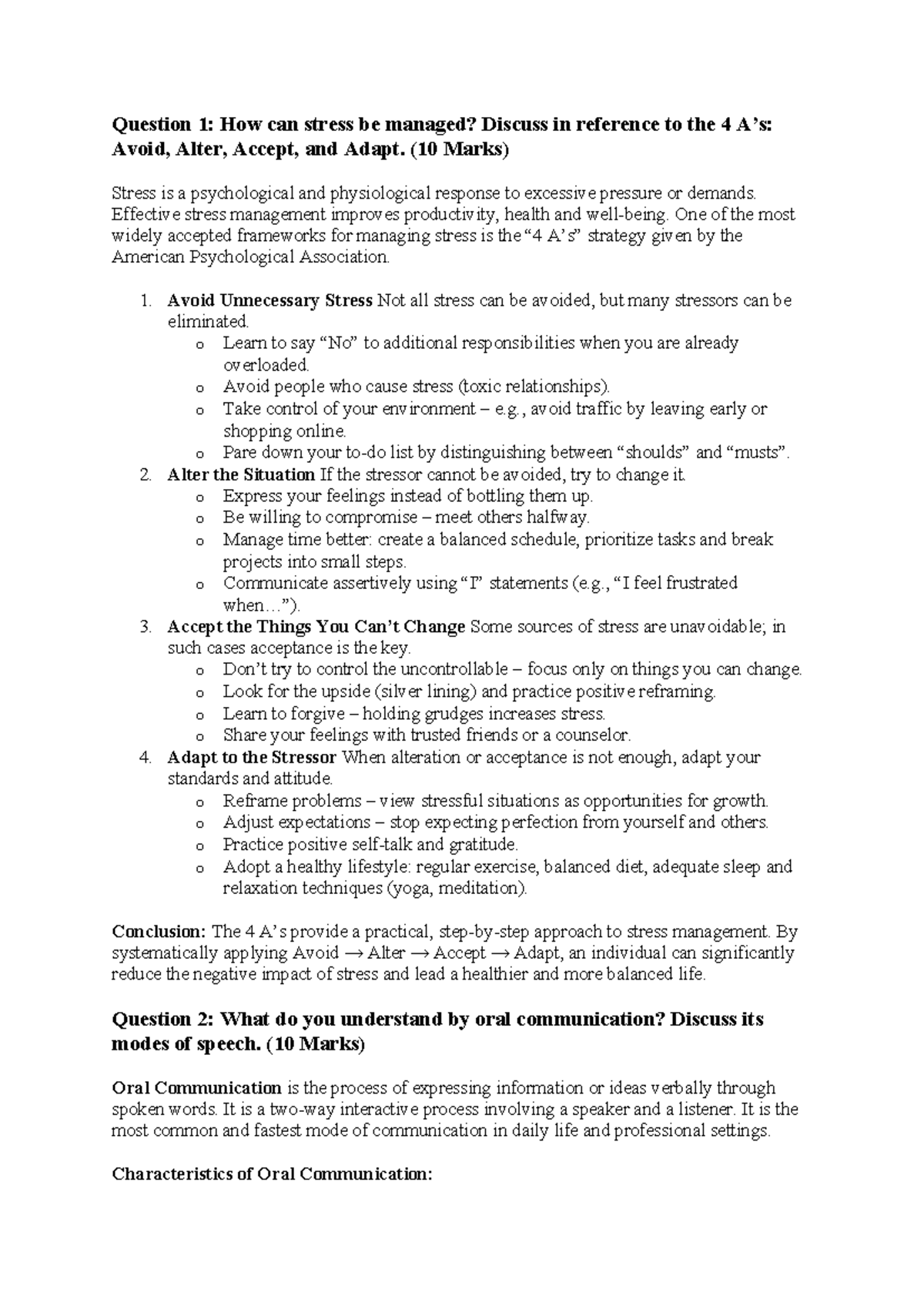 SS - Notes on Stress Management and Oral Communication Techniques - Studocu