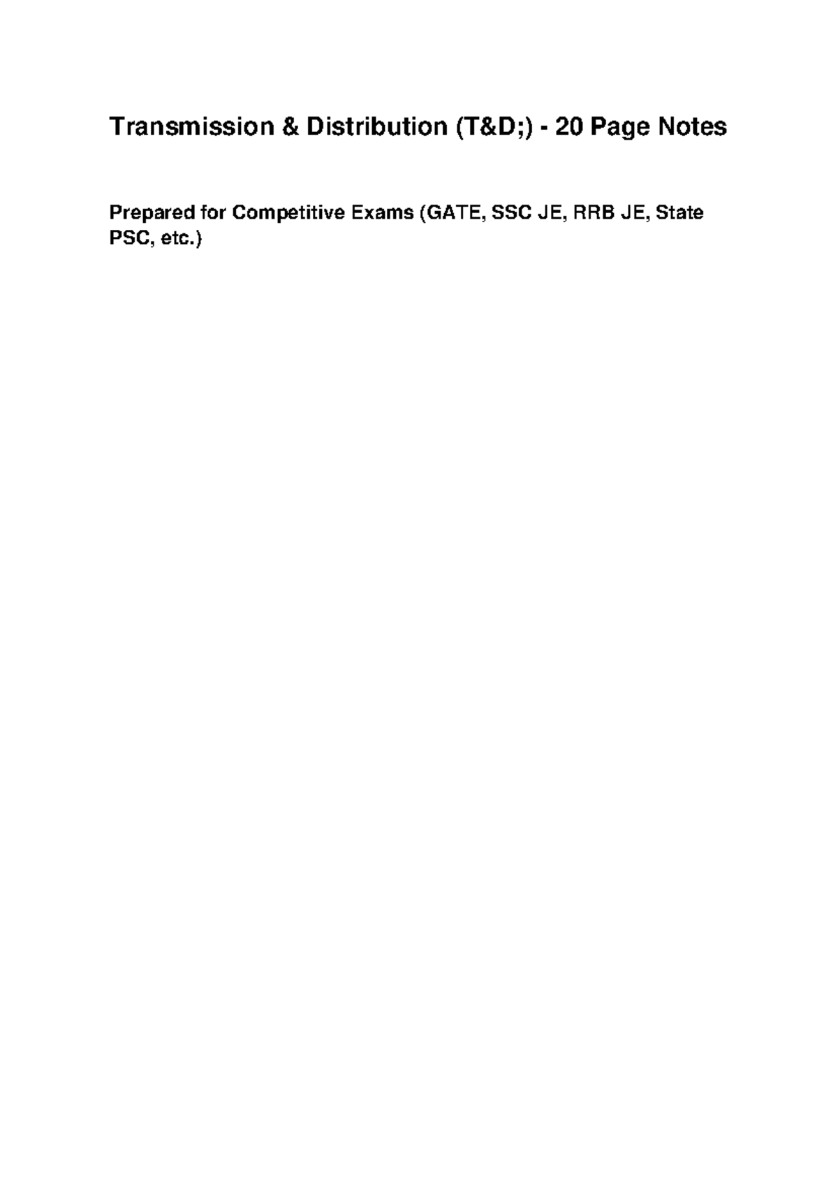 T&D 20 Page Notes: Transmission & Distribution for Competitive Exams ...