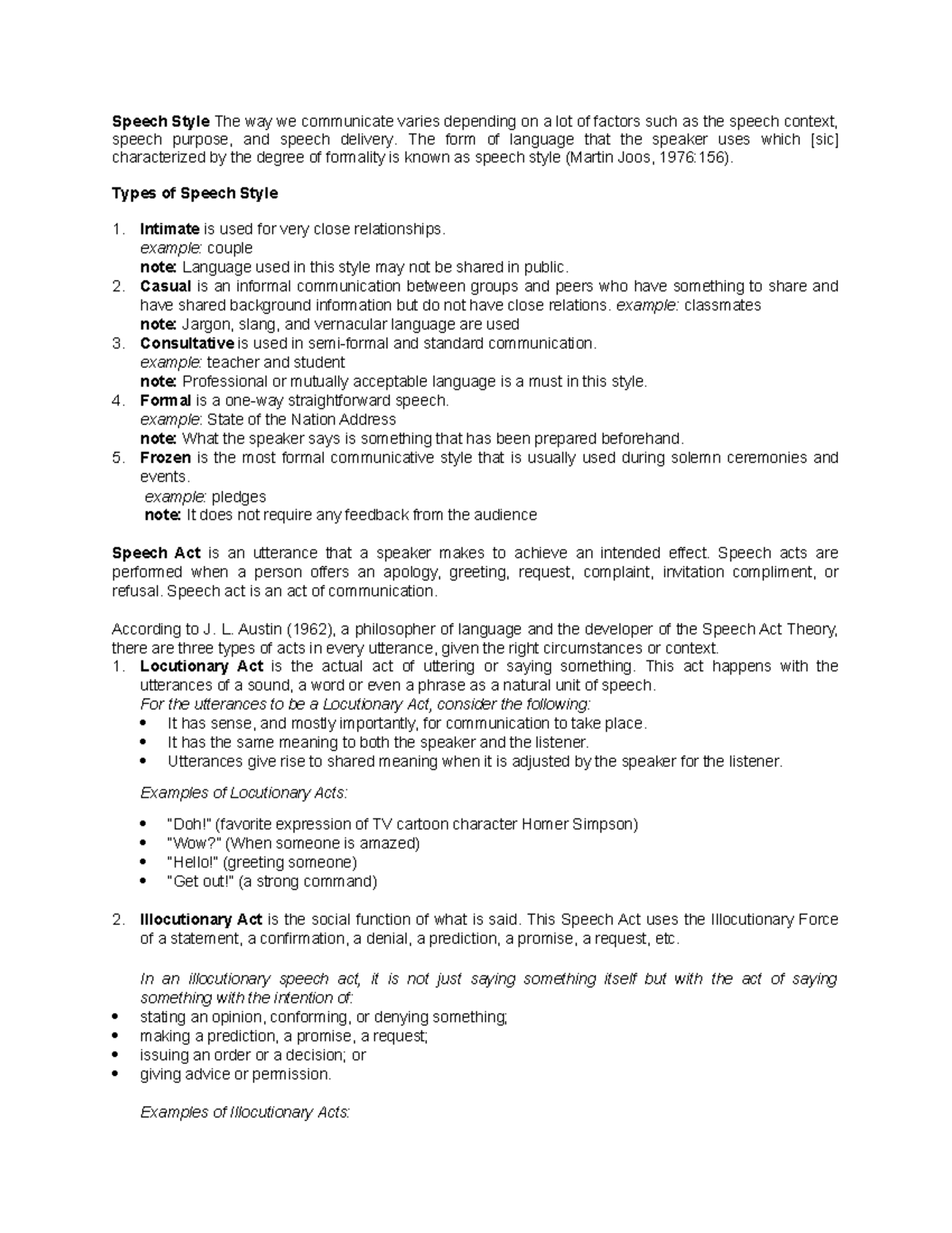 Q2 Oral Communication Review: Understanding Speech Styles & Acts - Studocu