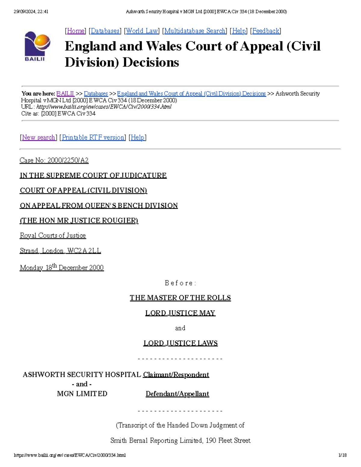 Ashworth Security Hospital v MGN Ltd [2000] EWCA Civ 334 Case Study ...