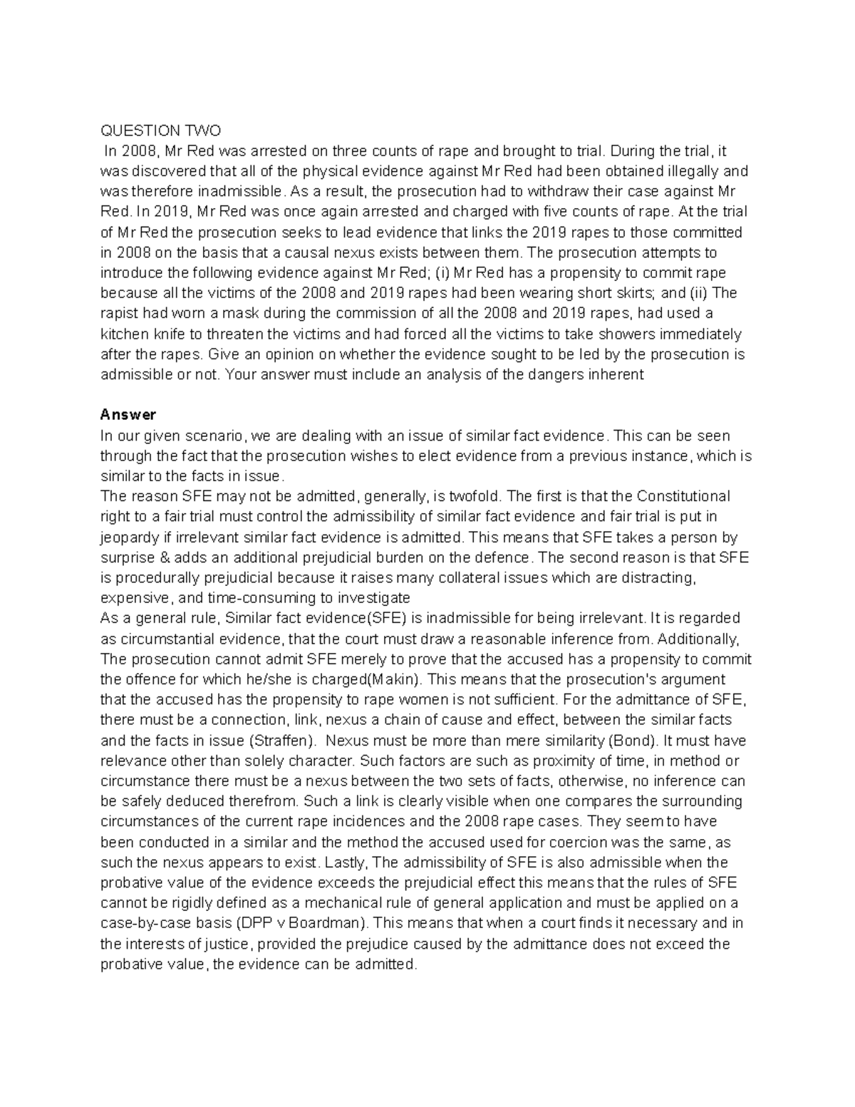 Evidence-finals-notes - QUESTION TWO In 2008, Mr Red was arrested on ...