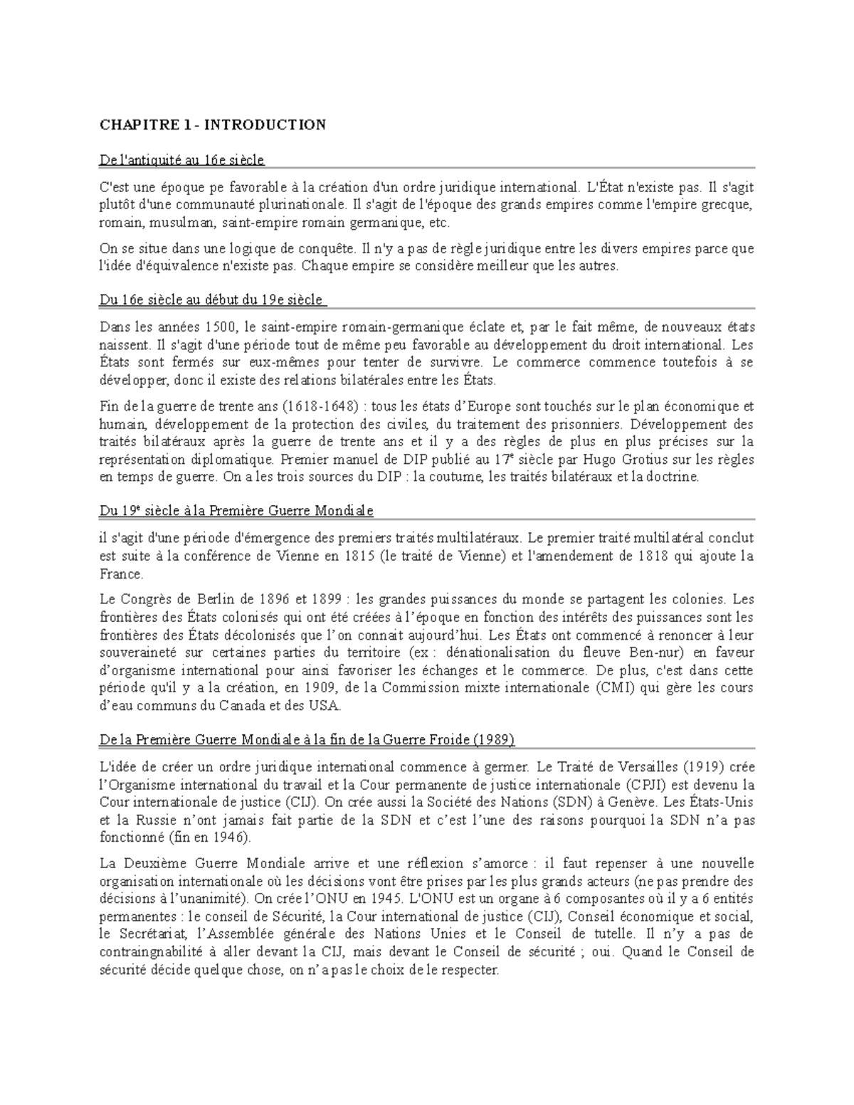 DIP - Chapitre 1 : Introduction au Droit International Public - Studocu