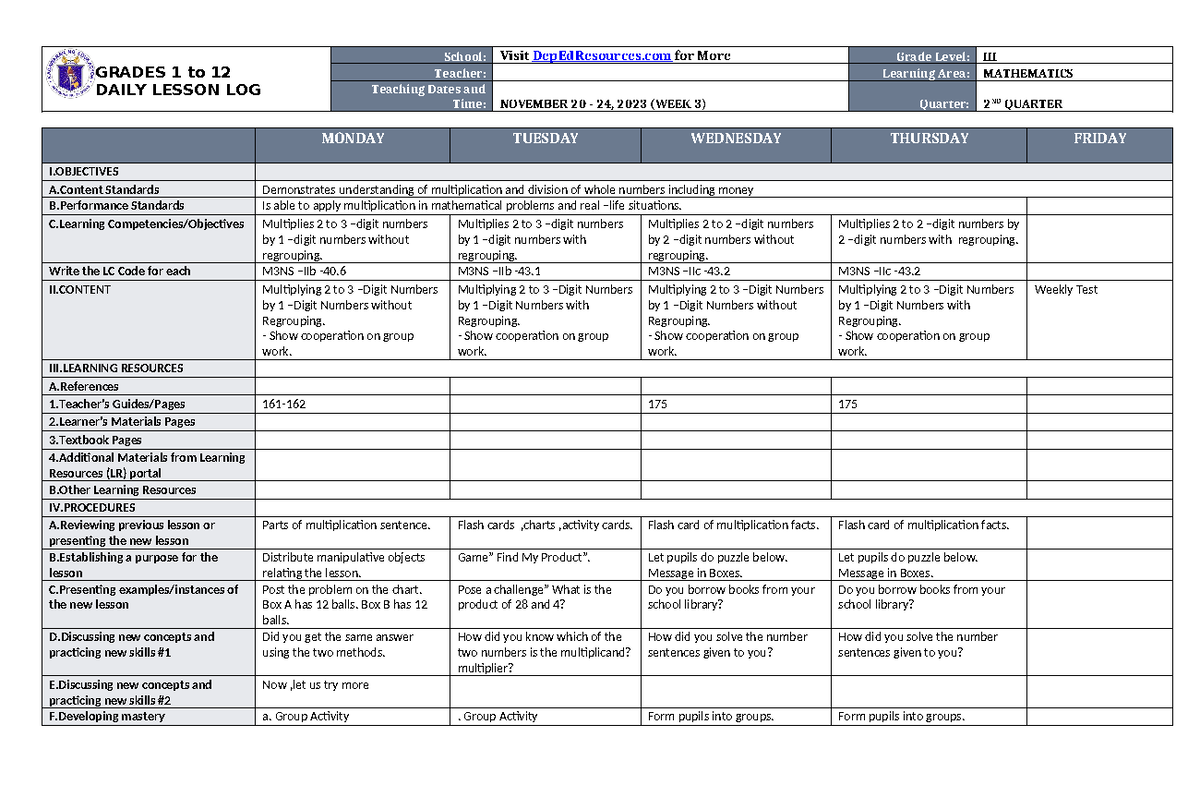 DLL Mathematics 3 Q2 W3 - Dll - GRADES 1 to 12 DAILY LESSON LOG School ...