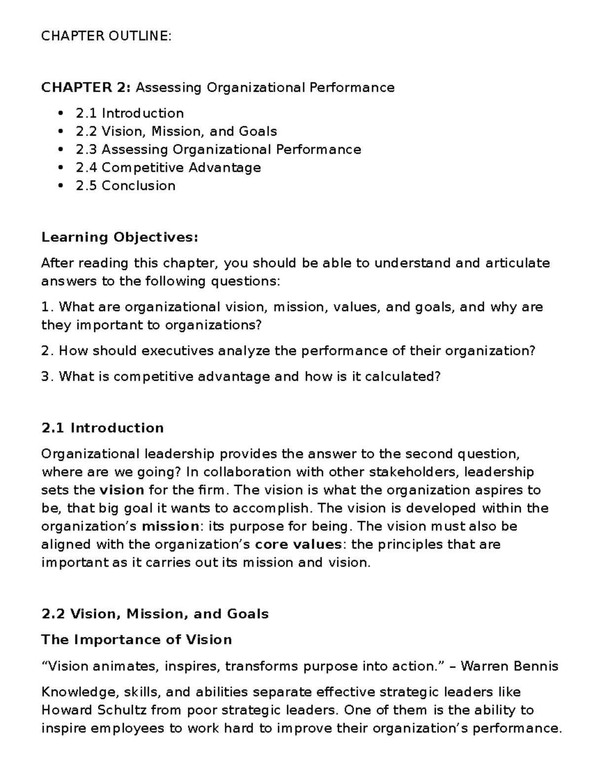 CHAPTER 2 OUTLINE: Assessing Organizational Performance (Strama) - Studocu