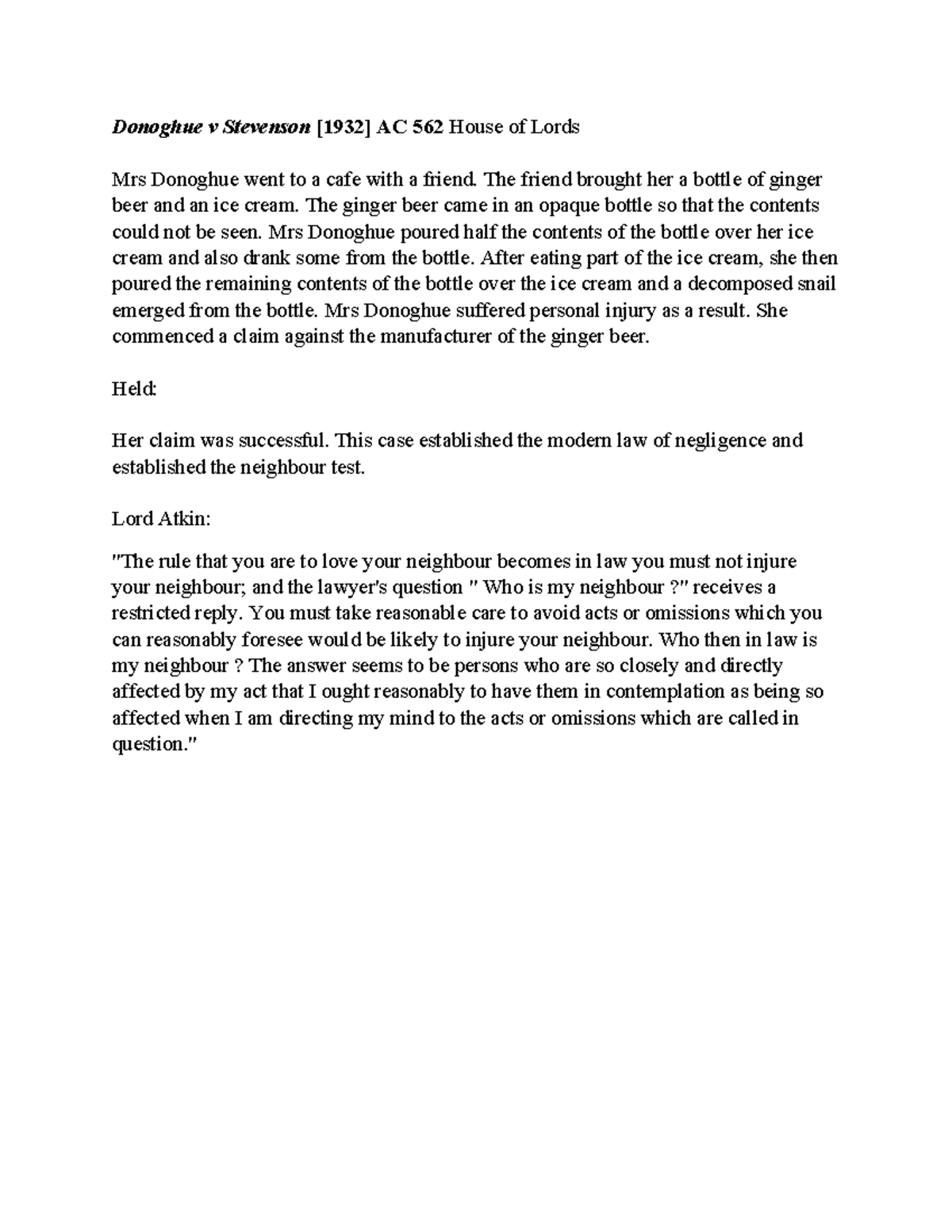 Tort-Donoghue v Stevenson - Donoghue v Stevenson [1932] AC 562 House of ...