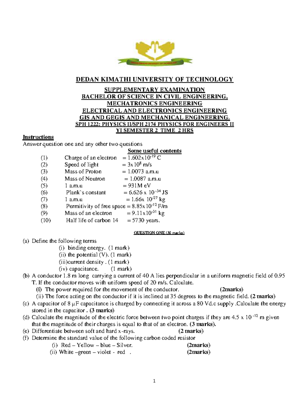 SPH1222 Physics II - Comprehensive Supplementary Exam Notes - Studocu