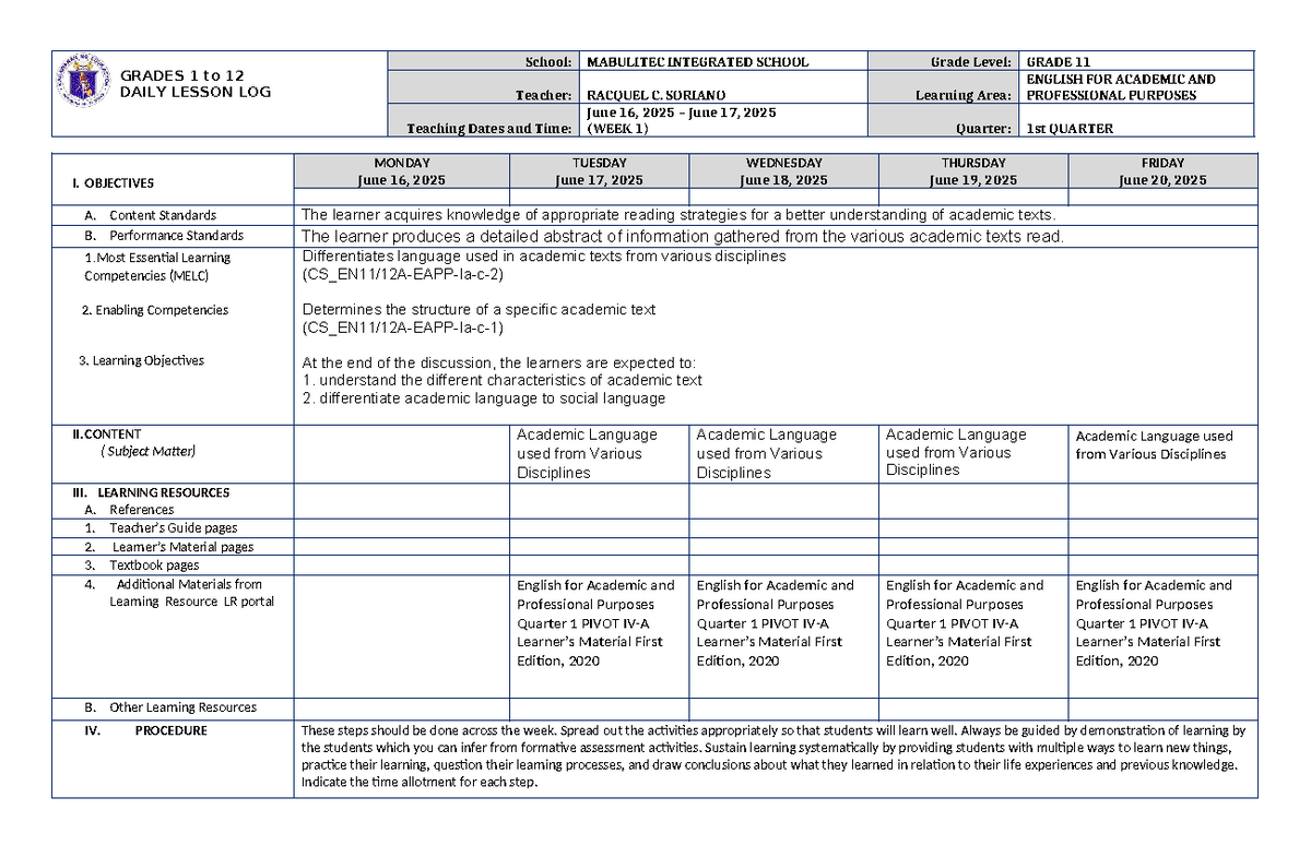 DLL EAPP GRADE 11 1st Quarter Lesson Plan - Week 1 - Studocu