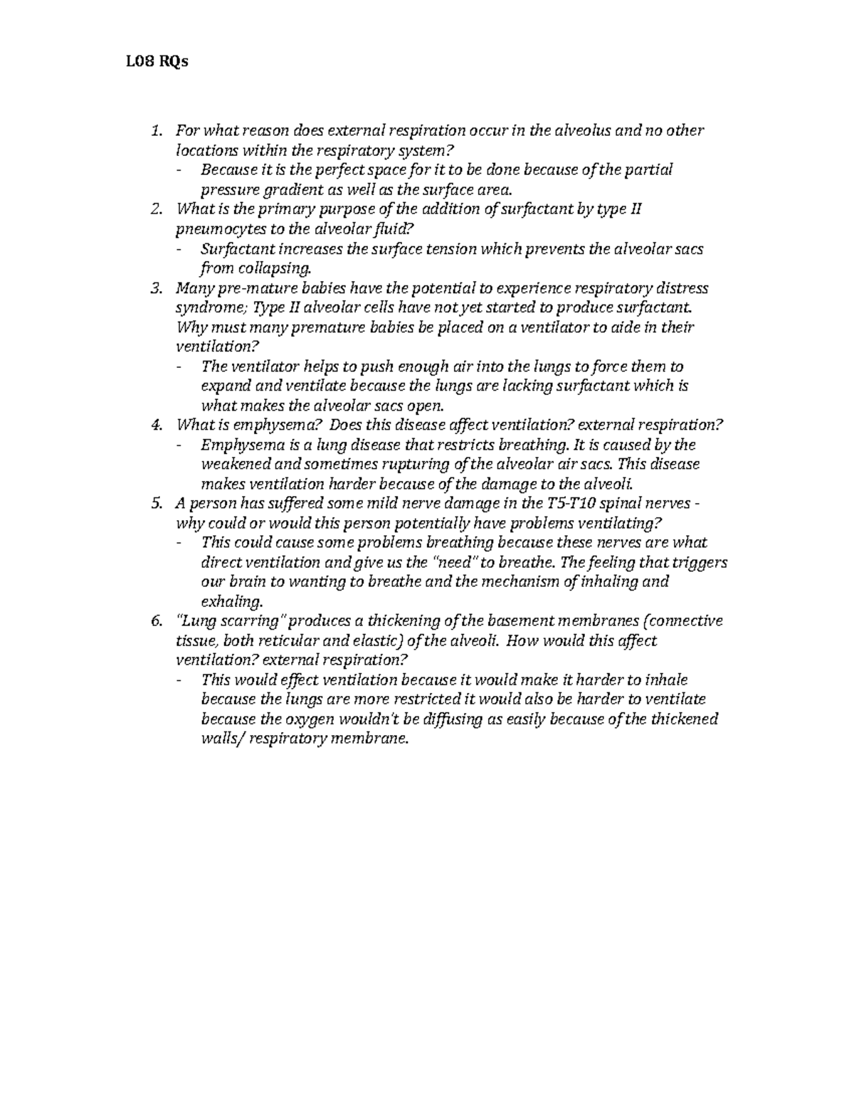 L08 RQ - Lesson 08 Review Questions on Respiratory Function - Studocu
