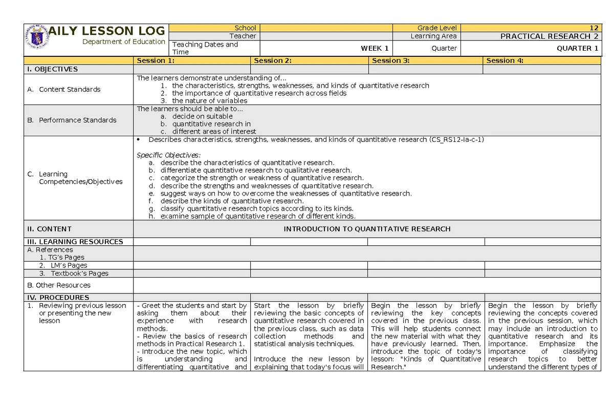 Practical Research 2 Q1 Lesson Log: Understanding Quantitative Research ...
