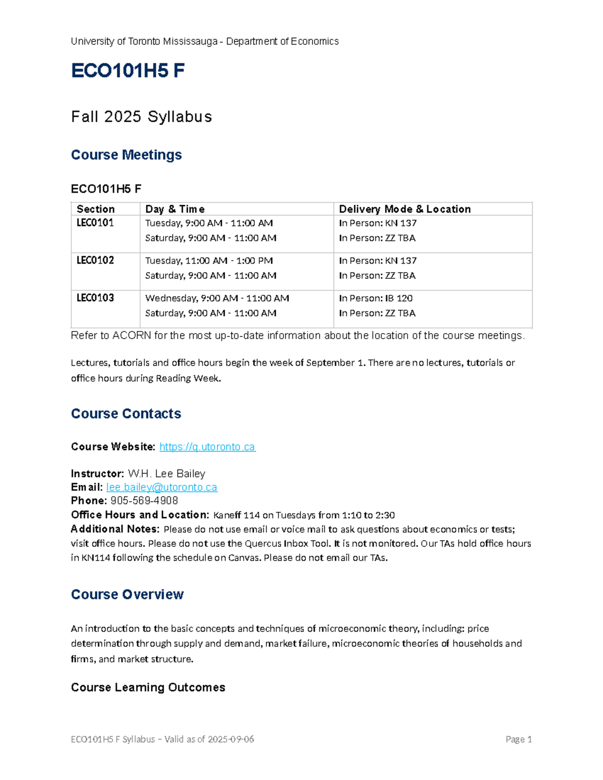 ECO101H5 F Fall 2025 Microeconomics Course Syllabus and Schedule - Studocu