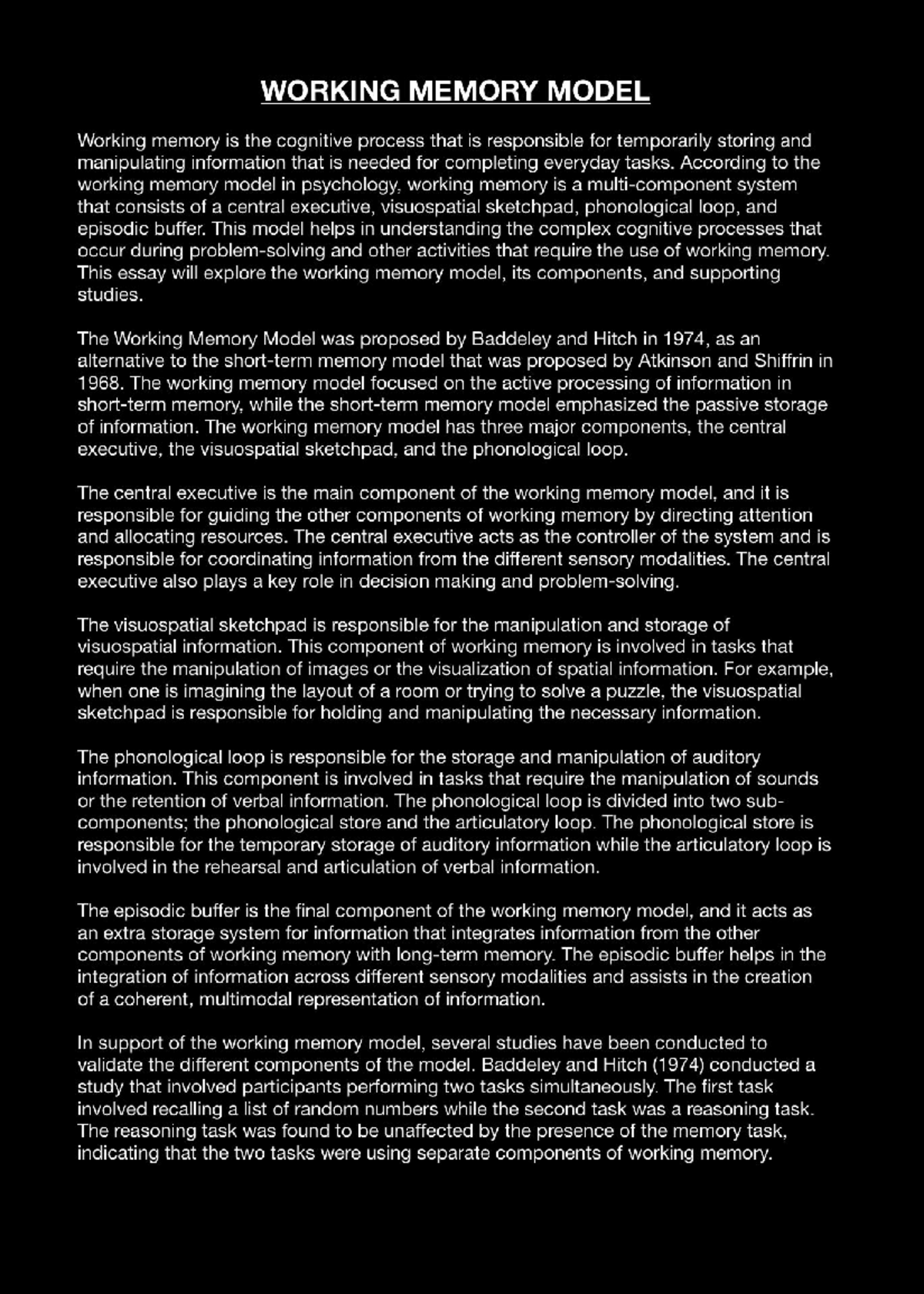 Essay: Working Memory Model - 8638 - Studocu