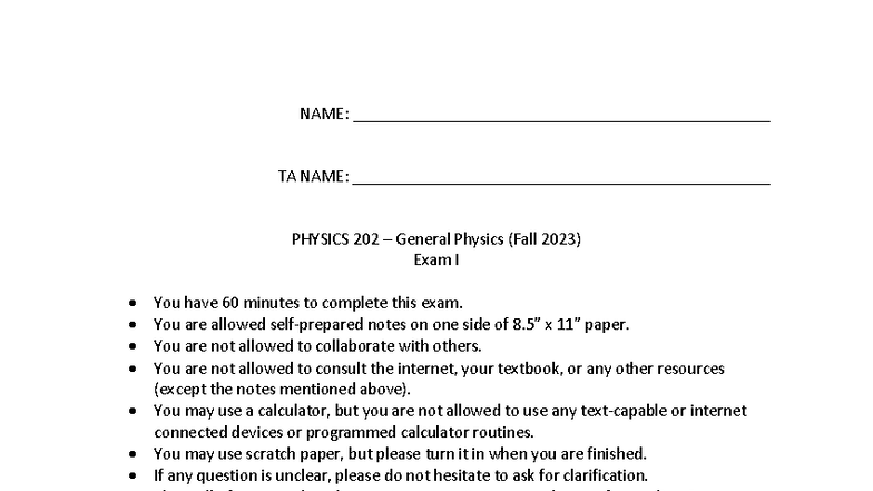Solutions - Exam I - PHY 202 - Fall 2023 - Studocu