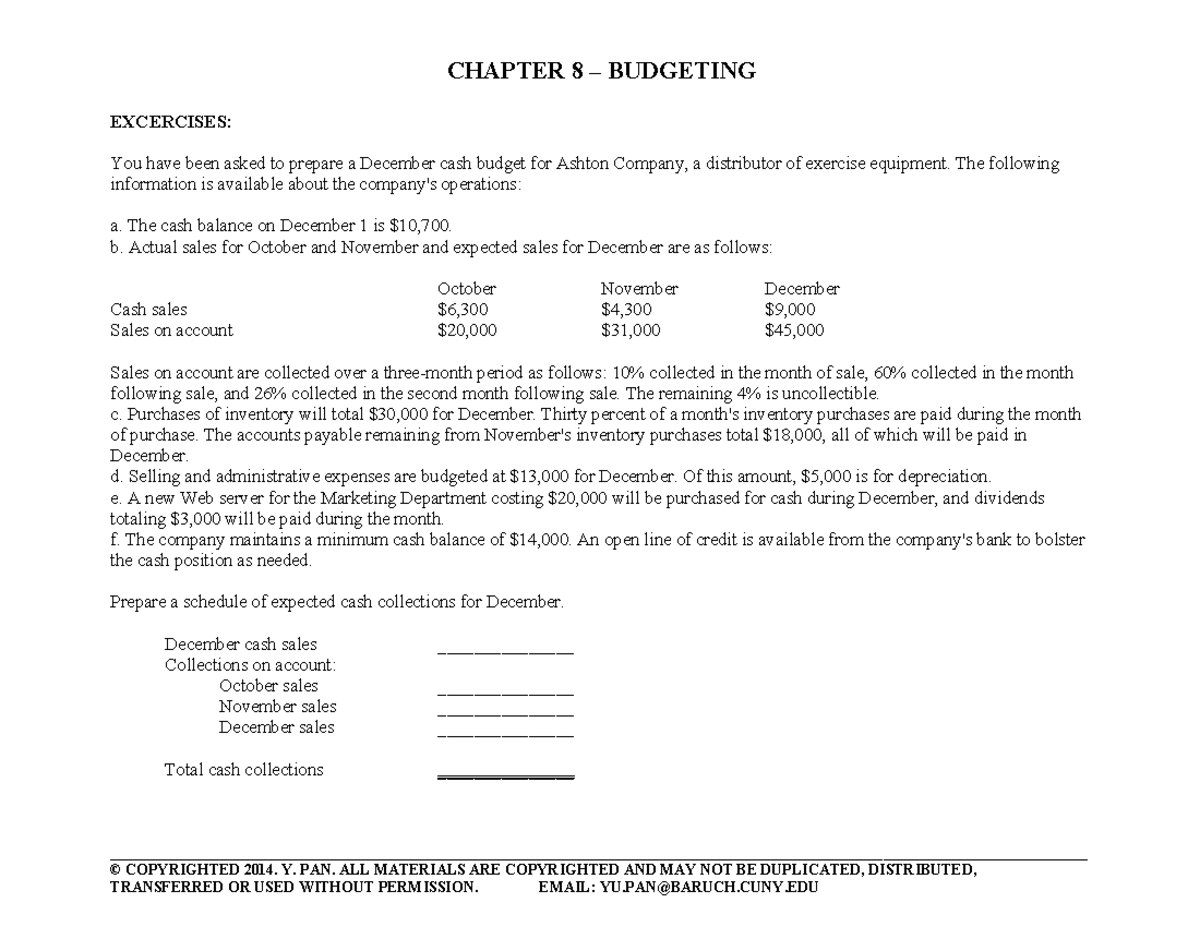 CHAPTER 8 BUDGETING: Cash Budgeting Exercises and Questions - Studocu