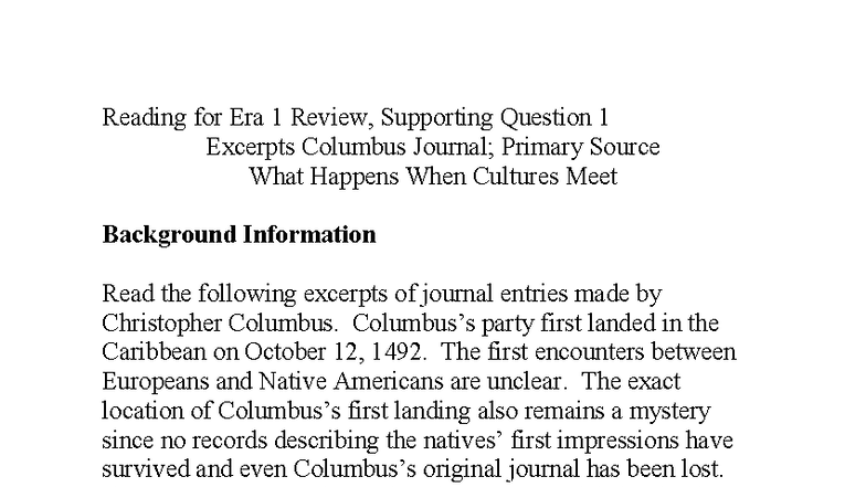 Columbus Journal Excerpts: First Encounters with Native Americans - Studocu