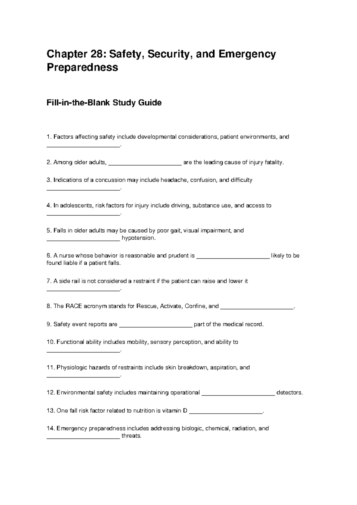 Chapter 28: Safety, Security, and Emergency Preparedness Study Guide ...